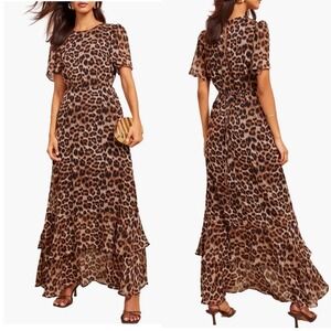 Friends Like These Brown‎ Leopard Print Chiffon Maxi Dress Maximalist Event Sz 6